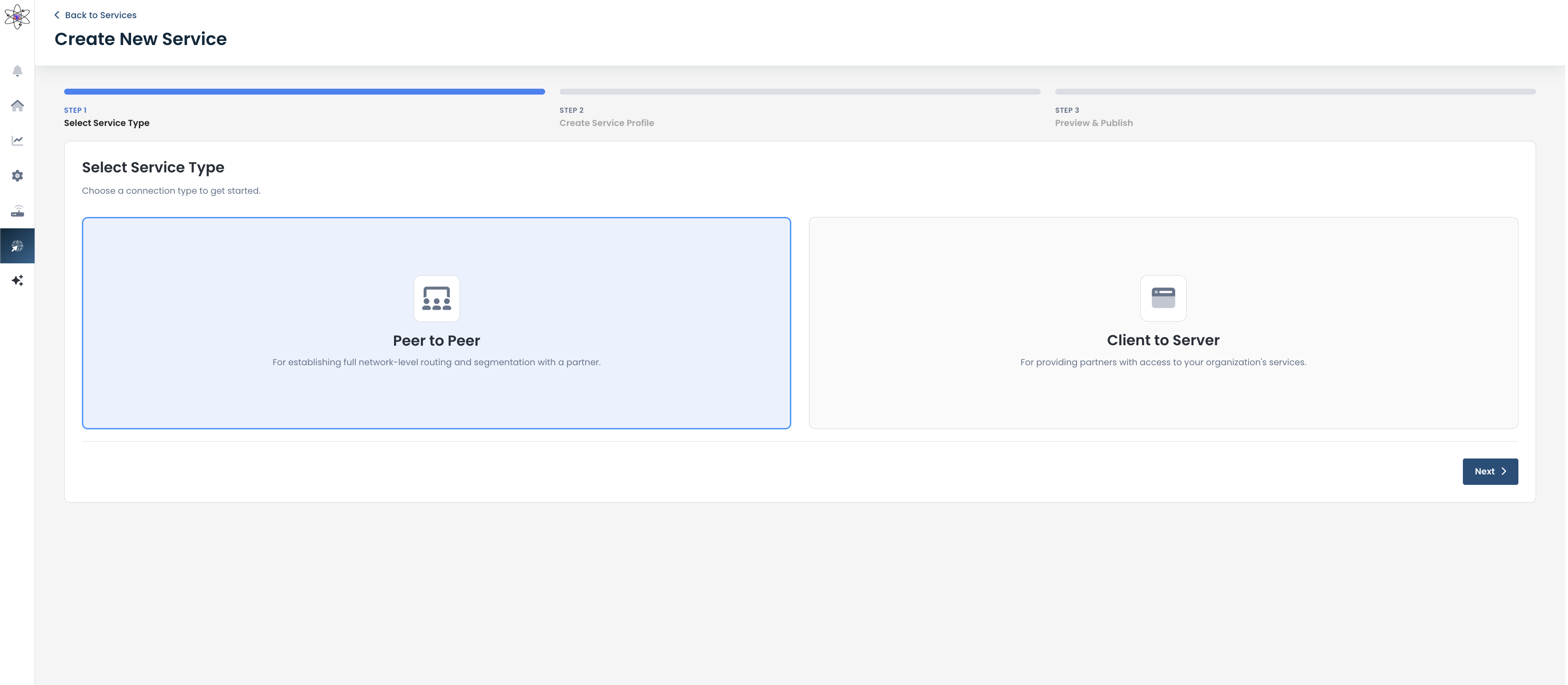 Select between Peer to Peer and Client to Server service types for connection.